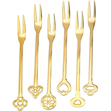 Ensemble de 6 fourchettes à fruits SECFOU en acier inoxydable doré deux dents , réutilisables , élég