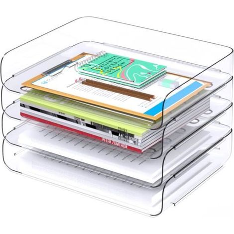 Lot de 4 corbeilles à courrier, empilables, transparentes, A4, en PET résistant, pour bureau et rangement de documents