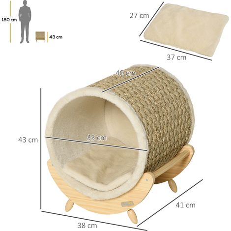 Grotte pour chat avec surface à griffer comprenant un coussin et un griffoir cylindrique, 41 cm x 38 cm x 43 cm, naturel et beige (1/5)