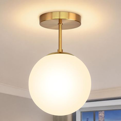 Plafonnier en Verre Suspendu, E27 Doré Lustre Abat-Jour Globe Blanc, D20CM (1/5)