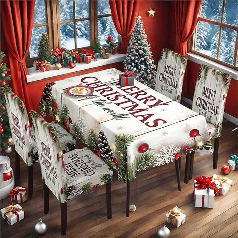 Nappe et housse de chaise de Noël imprimées numériquement, ensemble complet nappe et housse de chaise extensible TC-66 (nappe imperméable 140210cm +