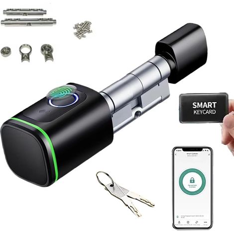 Serrure Empreinte Digitale Connectée,Cylindre Biotechnologique,Ip65,Avec Deux Cartes,Deux Jeux De Clés,Avec Bluetooth,Convient Aux Portes De 35 à 60 Mm(Noir) (1/5)