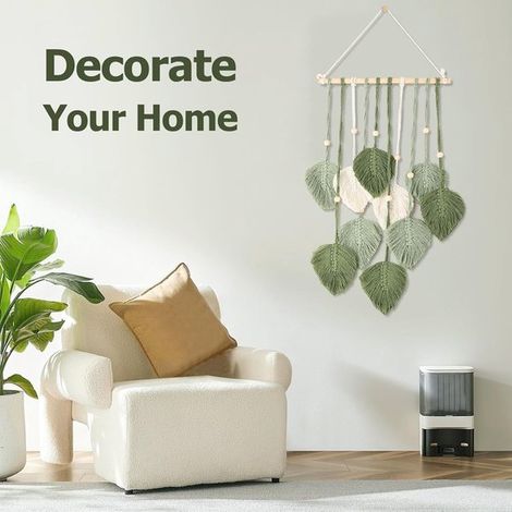 Decoración de pared única hecha a mano con macramé, cuentas de madera y hojas para cualquier habitación (1/5)