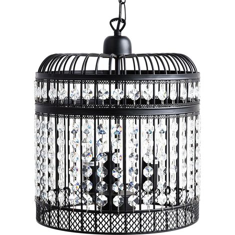 Pendant Ceiling Lamp Black Metal Cage Open Shade Faux Crystals Vintage Glamour CELON