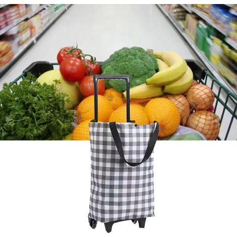 Chariot de courses extensible, petit chariot pour faire les courses, chariot de supermarché léger à roulettes avec roues pliables et sacs de rangement, motif à carreaux noirs et blancs. (1/5)