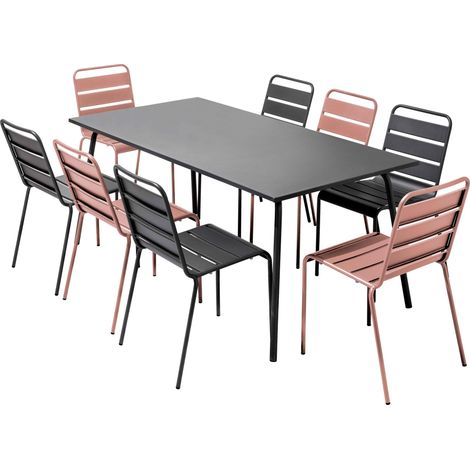 Ensemble table de jardin et 8 chaises en métal gris et rose poudré - Palavas (1/4)