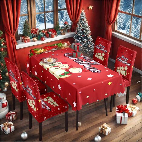 Ensemble nappe et housse de chaise de Noël rouge classique 2025, imperméable et extensible (TC-92, 140 x 210 cm). (1/4)
