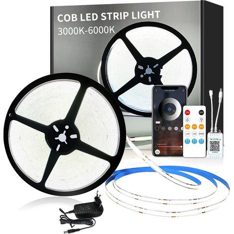 Ruban LED 15M Contrôle APP avec Télécommande Bande LED COB Flexible Dimmable DC24V 6000K Blanc Convient pour Chambre Chambre DIY Décoration (1/5)