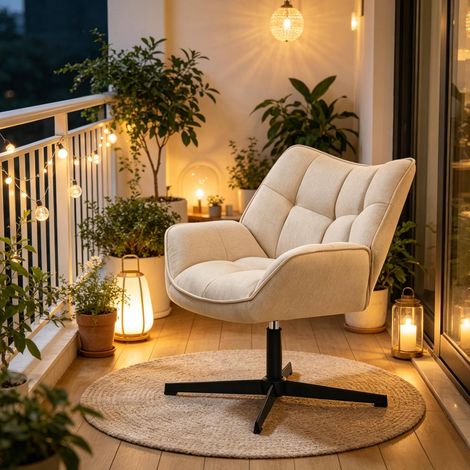 Fauteuil pivotant en lin beige et metal 67 x 68 x 80,5 cm avec repose-pieds et assise rembourree (1/5)