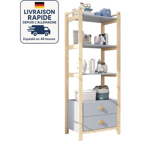 Libreria per bambini - 2 cassetti - 4 ripiani - Struttura in pino - Legno certificato PEFC - 70×44×180cm