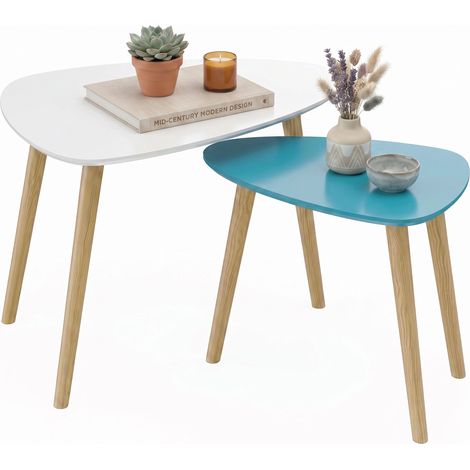 Tables basses gigognes - HOMCOM - lot de 2 design scandinave pieds bois plateau bois - bois - blanc et bleu (1/5)