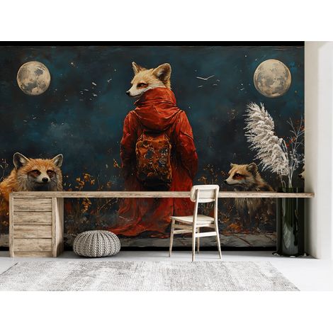 Papier peint animaux - renards en manteau sous la lune - 500 x 270 cm (1/2)