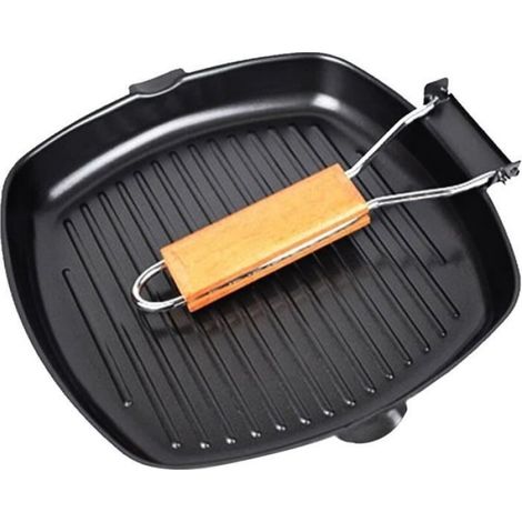 Poêle à Griller En Fonte, Poêle à Steak Carrée En, Poêle à Griller Antiadhésive Avec Poignée En Bois Pliante, 28 cm, Noire (1/3)