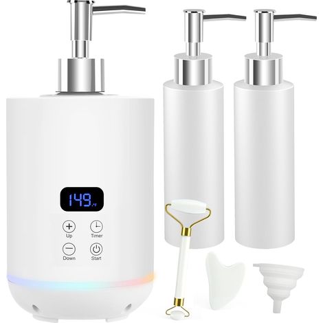 Massage Oil Heater, Electric Massage Oil Heater with Mood Light, Portable Heating Dispenser for Body Cream, Gua Sha Roller Kit for Spa, Salon, White (1/5)