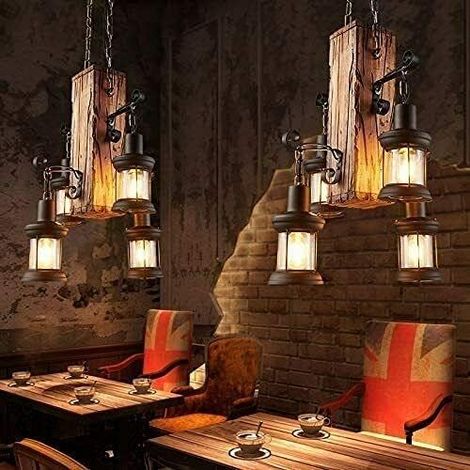 4 Heads Retro Industrie Pendellampe Kronleuchter Retro Industrie Eisen Deckenleuchte Höhenverstellbar E27 Holz Eisen Glas Lampenschirm Pendellampe Restaurant Café Dekoration