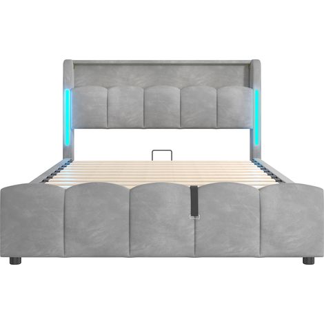 Cama tapizada 140 x 200 cm de terciopelo gris con LED y almacenamiento hidráulico (1/5)