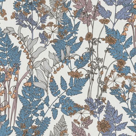 Papier peint fleuri blanc, bleu & rose Tapisserie salon motif fleur pour chambre adulte Papier peint intissé élégant motif floral (1/4)