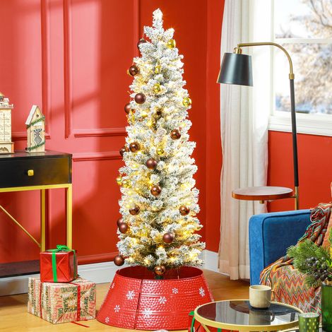 Sapin de Noël artificiel 150 cm avec éclairage LED blanc chaud, 263 branches enneigées, base en métal, réaliste et fin (1/5)