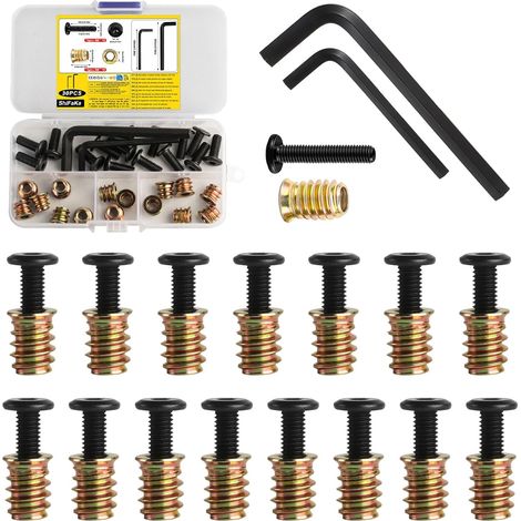 30 Pcs Insert Fileté Metal: 15 Insert Fileté Bois M6 x 10 mm et 15 Vis de Connexion pour Meubles M6 x 16 mm, Manchons à Visser Écrous à Visser pour Meubles en Bois, avec 2 Clés (1/5)