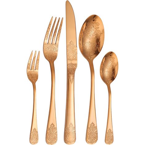 Lot de 5 Couverts de Table en Acier Inoxydable – Double Extrémité avec Motif Ornemental, Ensemble de Couverts pour Steak et Dessert, Idée Cadeau, Doré rose (1/4)