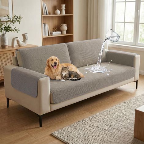 Protège Canapé 4 Places,Housse Velours Imperméable Anti-Glisse pour Grand Canapé,90×240 cm Kaki (1/5)
