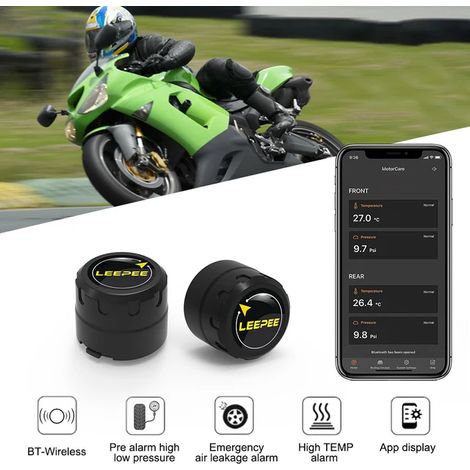 Système de surveillance de la pression des pneus pour moto (TPMS) avec 2 capteurs externes, compatible Bluetooth 4.0 et 5.0, Android/iOS. (1/5)