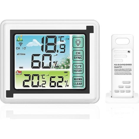 Station Météo Sans Fil Avec Capteur Extérieur Thermomètre et Hygromètre Numérique Intérieur Extérieur Rétroéclairage Réglable avec Grand écran LCD pour la Maison et Le Bureau (1/5)