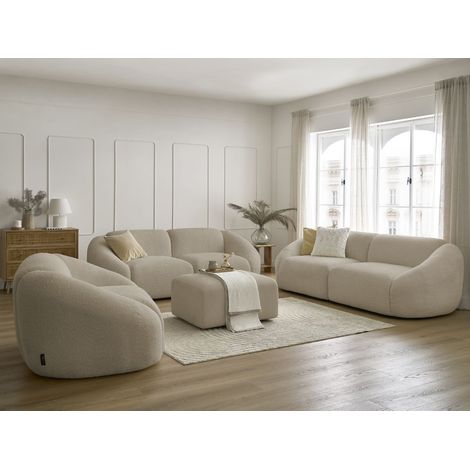 Bobochic – Ensemble canapé droit fixe 3 + 2 places avec fauteuil et pouf – Tissu bouclette beige – Style moderne – Confort équilibré (1/5)