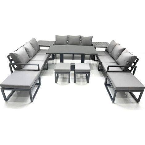 Fimous 13 Seater Garden Sofa Set Aluminium Furniture Rising Dining Tabe Set with 2 Side Tables 4 Footstools Dark Grey (1/5)