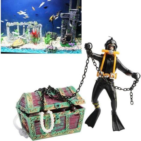 Schatzsucher-Aquarium-Ornamentfisch-Actionfigur Taucher Unterwasser-Taucher Schatztruhe Aquarium Landschaftsdekor Schwarz