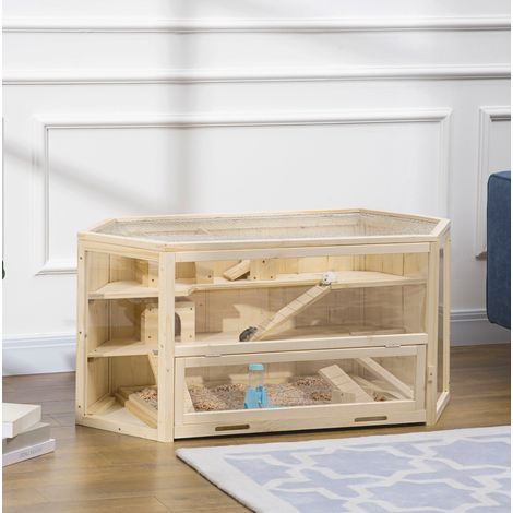 Jaula para hámster de madera natural 115 x 60 x 55 cm con 3 niveles OKMYHOME (1/5)