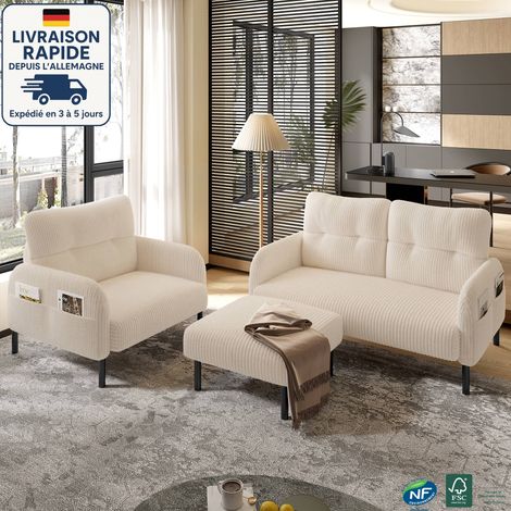 Canapé en Velours - Profondeur d'assise confortable - Poches latérales de chaque côté des accoudoirs - Construction solide - scandinave - Bois Certifié PEFC - 4 siège  - Beige (1/5)