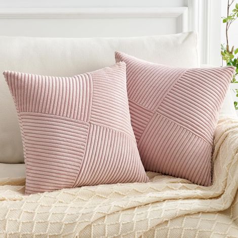 BEBUSINGOTO Housse de Coussin Rose 45x45 en Velours Côtelé Super Doux Canape Motif à Rayures Patchwork Decoration Maison Salon Chambre pour Canapé Lot de 2 (1/5)