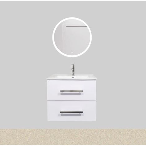Meuble Salle de Bains avec vasque/lavabo sous vasque suspendre Chania 60 Blanc brillant, 1 Miroir Rond 60 avec LED (1/5)