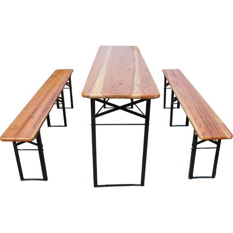 Garten Tisch und Stuhl Set mit 1 Klapptisch und 2 Klappbänken, Holz und Metall, Natur (1/5)