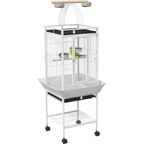 Vogelkäfig, Papageienkäfig mit 3 Türen, 2 Sitzstange, 360° Rollen, Futternapf, Ablage, Freisitz, 62,5x62,5x156cm, Blanc (1/5)