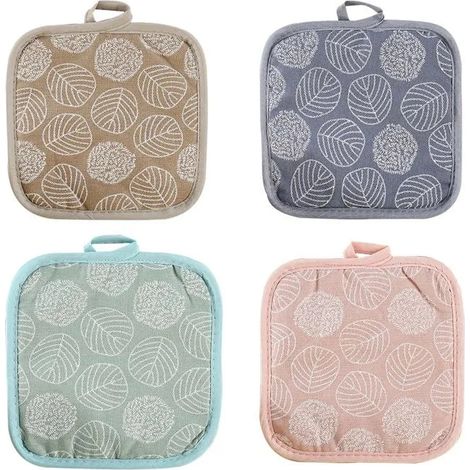 Lot de 4 maniques en coton et lin résistants à la chaleur, sets de table, coussinets isolants, (motif feuilles) (1/5)