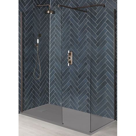 Milano Rosso Matte Bronze Corner Walk In Wet Room Shower Enclosure with Screens  Support Arms and Light Grey Slate Effect Tray - 1200mm x 900mm