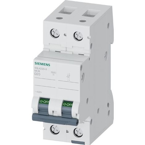 Interruttore magnetotermico a 2 poli 400V 20A curva D Siemens 5SL42208