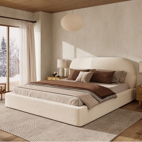 Letto matrimoniale 180x200 cm con rete a doghe e testiera imbottita, in tessuto, beige, senza materasso (1/5)
