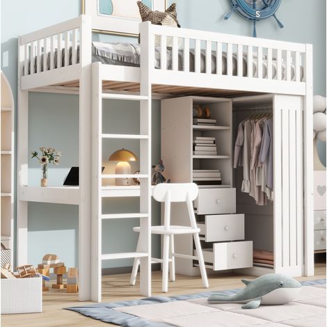 Letto a soppalco moderno 90x200 cm in pino bianco con scrivania, armadio, 3 cassetti, vano aperto, scala e barriera (1/5)