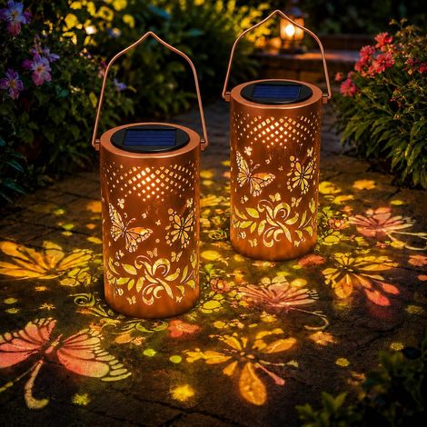 Lot de 2 lanternes solaires de jardin avec projection de papillon colorée, lanternes solaires en métal, étanchéité IP65, éclairage extérieur décoratif pour terrasse, balcon, allée de jardin (1/5)