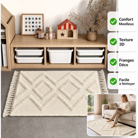 Tapis de Bain 80 x 120 cm Coton Polyester - Tapis de Salon Touffete Lavable a Franges (1/5)