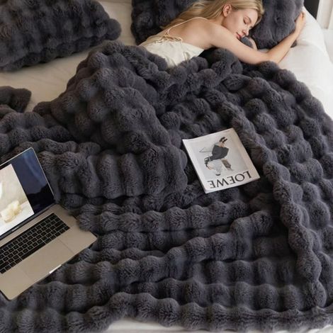 100160cm Couverture en fausse fourrure de lapin de luxe en peluche Sherpa réversible, douce, chaude, confortable et moelleuse,noir (1/5)