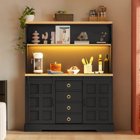 Küchenmöbel mit LED, Steckdosen und USB, 4 Schubladen, schwarzes MDF HAVRYA (1/5)