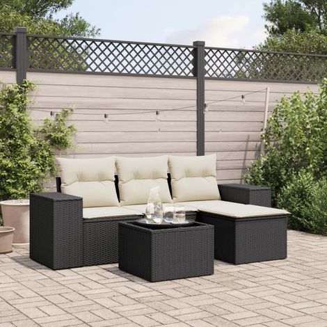 5-tlg. Garten-Sofagarnitur mit Kissen Schwarz Poly Rattan (1/3)
