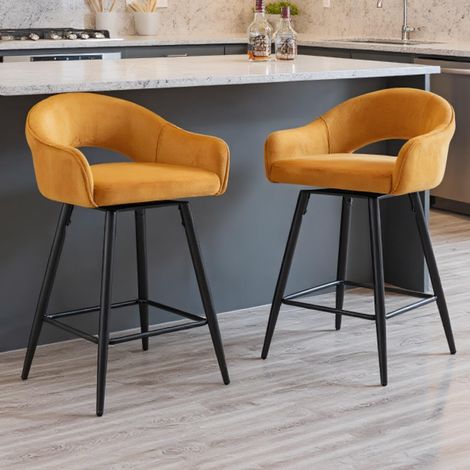 Wahson Juego de 2 Taburetes de Bar de Terciopelo Giratorio, Modernos para Cocina y Restaurante, Amarillo