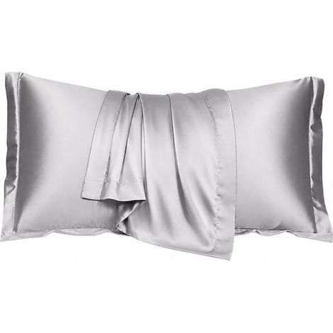 Lot de 2 Taie d'oreiller en Soie, Confort pour Peau et Cheveux,50x80cm, Taies Oreiller Soie avec Fermeture d'Enveloppe (Argent) (1/5)