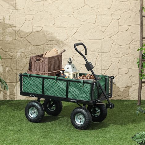 Carrello da Giardino in Acciaio da 114L con Sacca Portaoggetti e Pareti Rimovibili, 105x51x54 cm, Verde