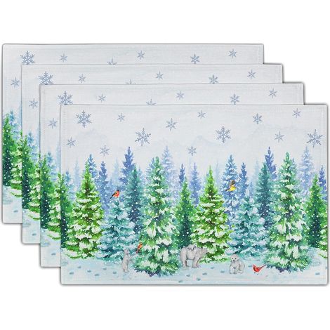 Sets de table de Noël aquarelle ours et oiseaux d'hiver - 4 pièces, sets de table décoratifs sapin et flocons de neige, 30 x 45 cm, pour la table intérieure et extérieure (1/5)